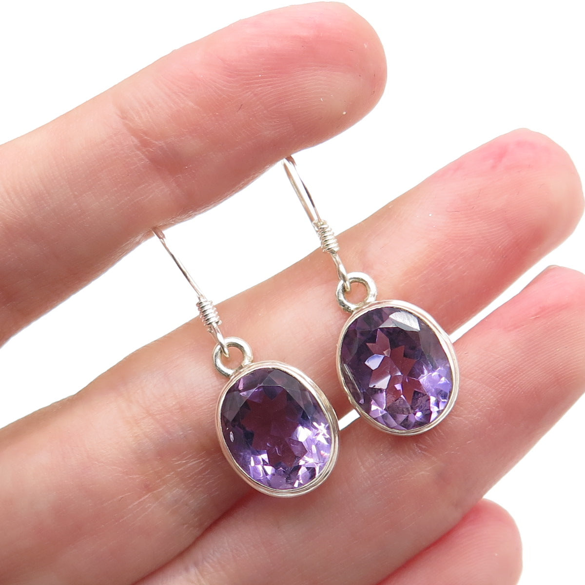 925 Sterling Silver Vintage Real Oval-Cut Amethyst Dangle Earrings