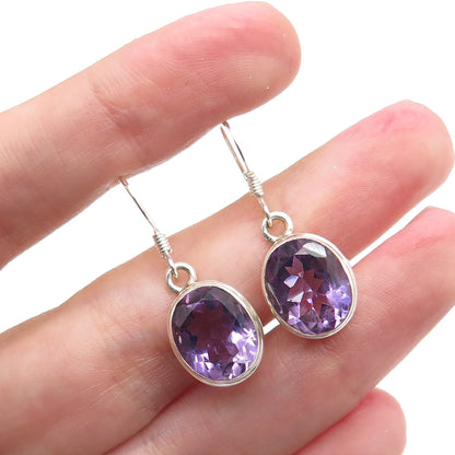 925 Sterling Silver Vintage Real Oval-Cut Amethyst Dangle Earrings