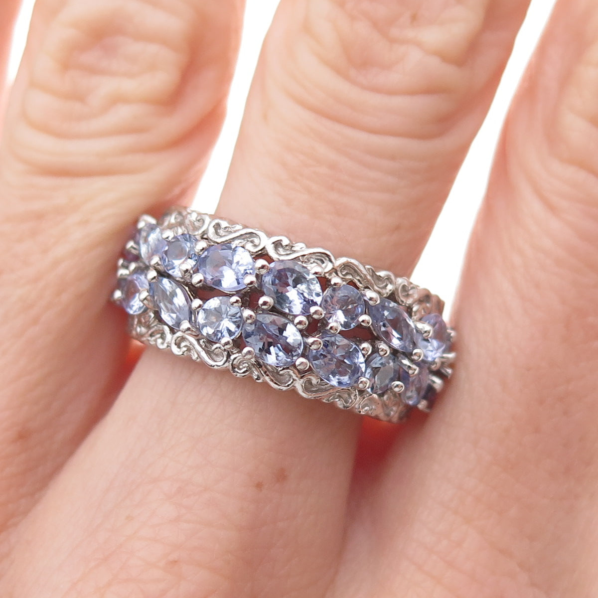 Chuck Clemency 925 Sterling Silver Real Multi-Cut Tanzanite Band Ring Size 8.25