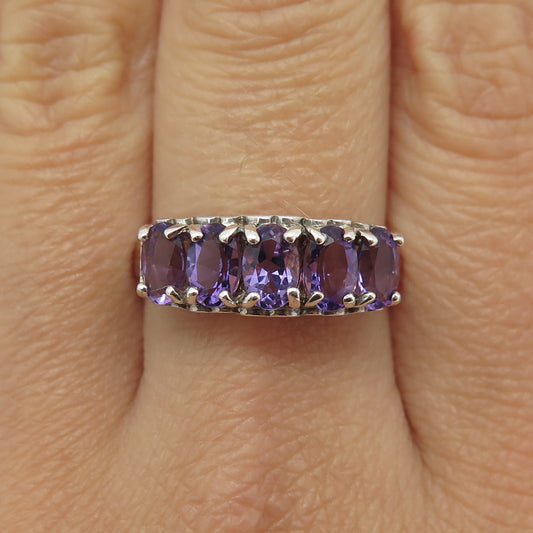 925 Sterling Silver Vintage Real Oval-Cut Amethyst Ring Size 9