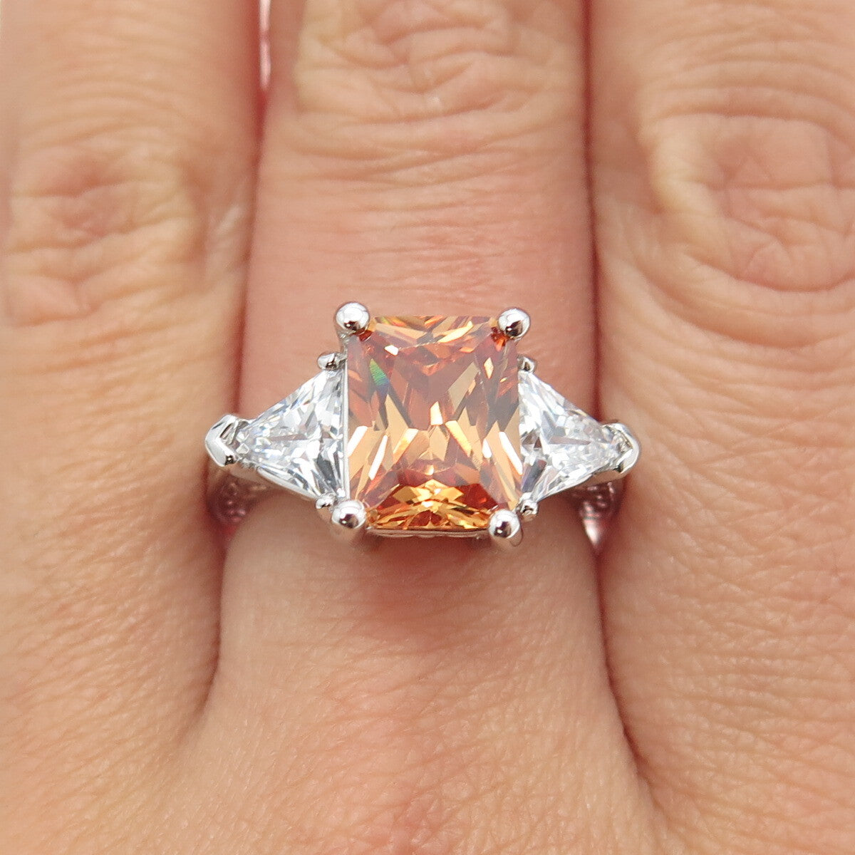 925 Sterling Silver Champagne & White C Z Engagement Ring Size 7