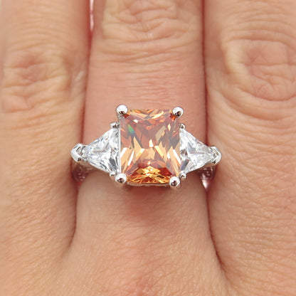 925 Sterling Silver Champagne & White C Z Engagement Ring Size 7
