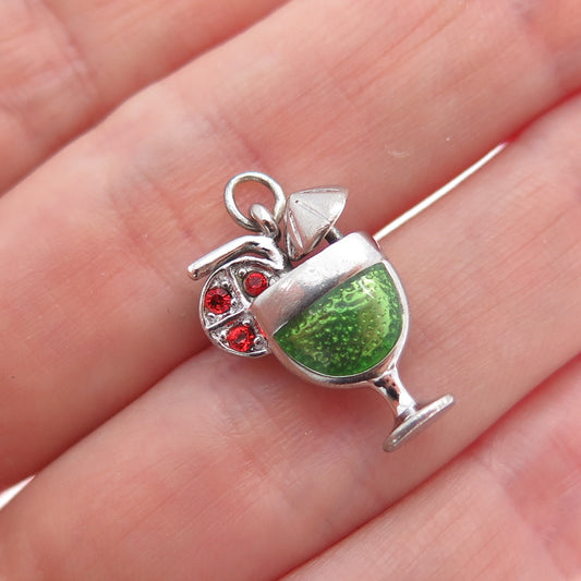 925 Sterling Silver Vintage Enamel Red Rhinestone Cocktail Minimalist Pendant