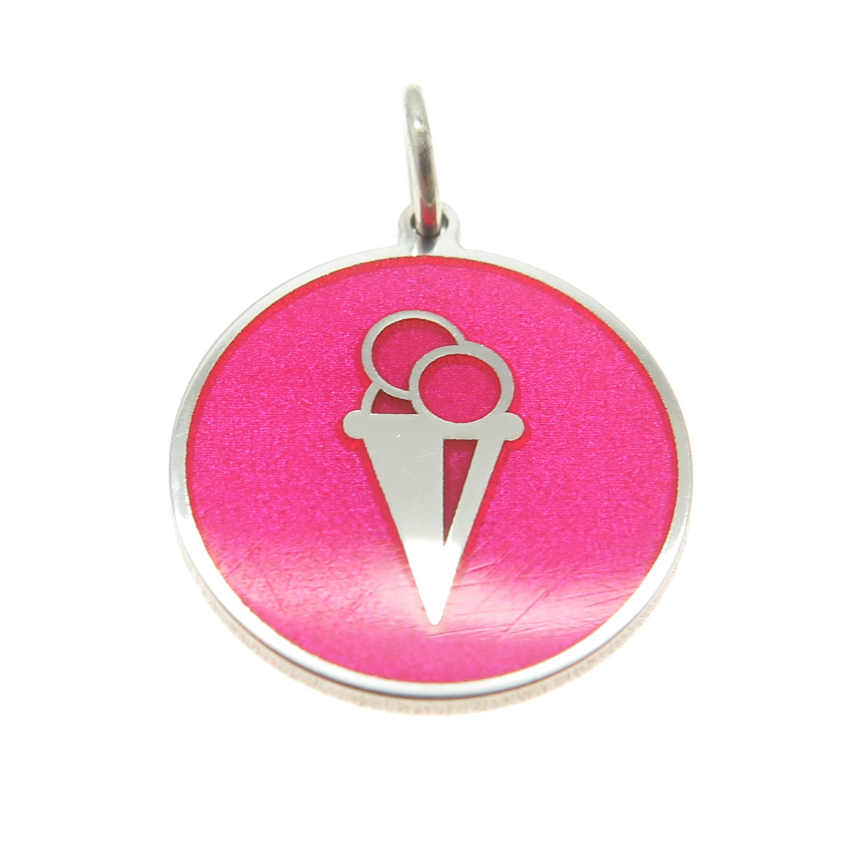 925 Sterling Silver Pink Enamel Ice Cream Round Tag Minimalist Charm Pendant