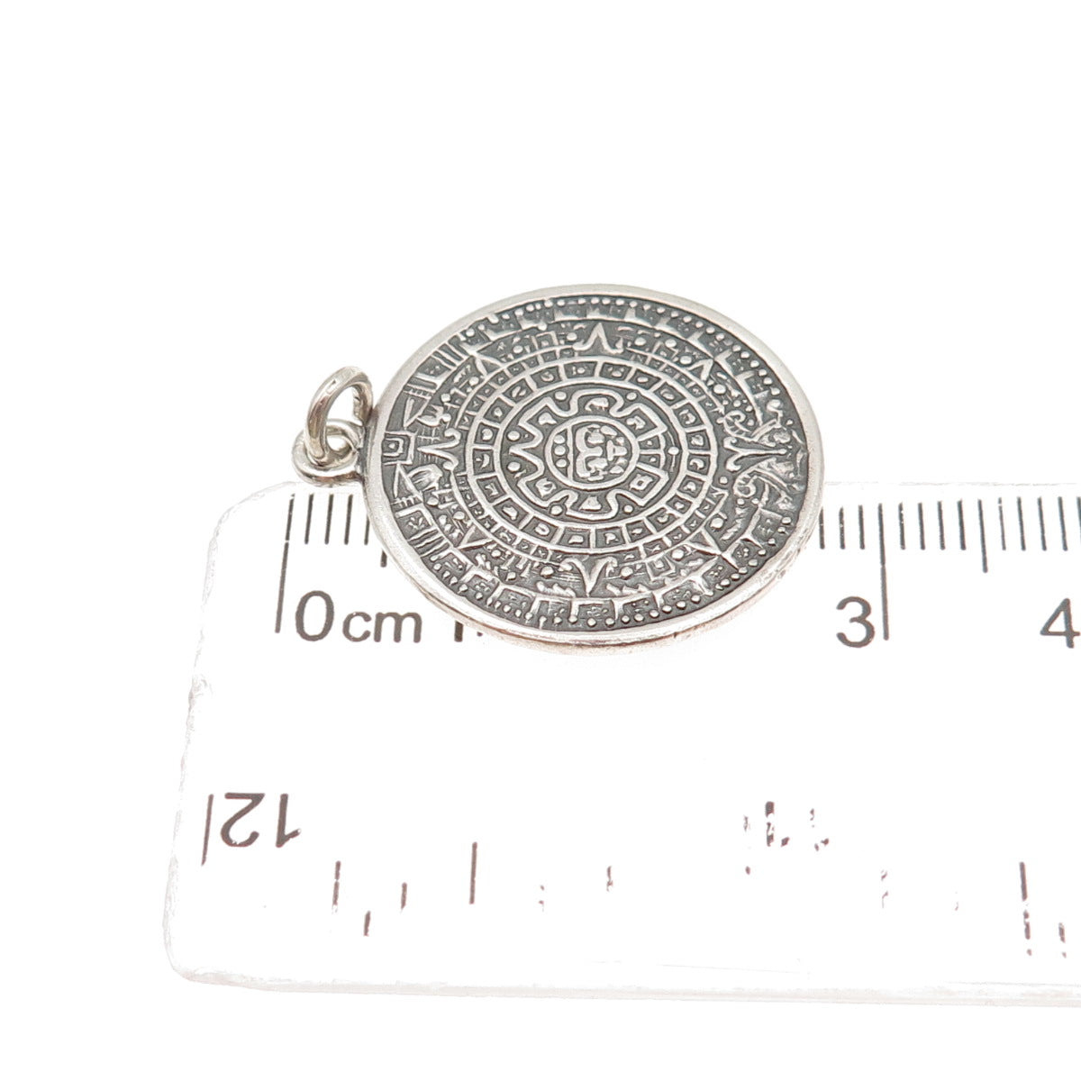 925 Sterling Silver Vintage Mayan Calendar Oxidized Charm Pendant