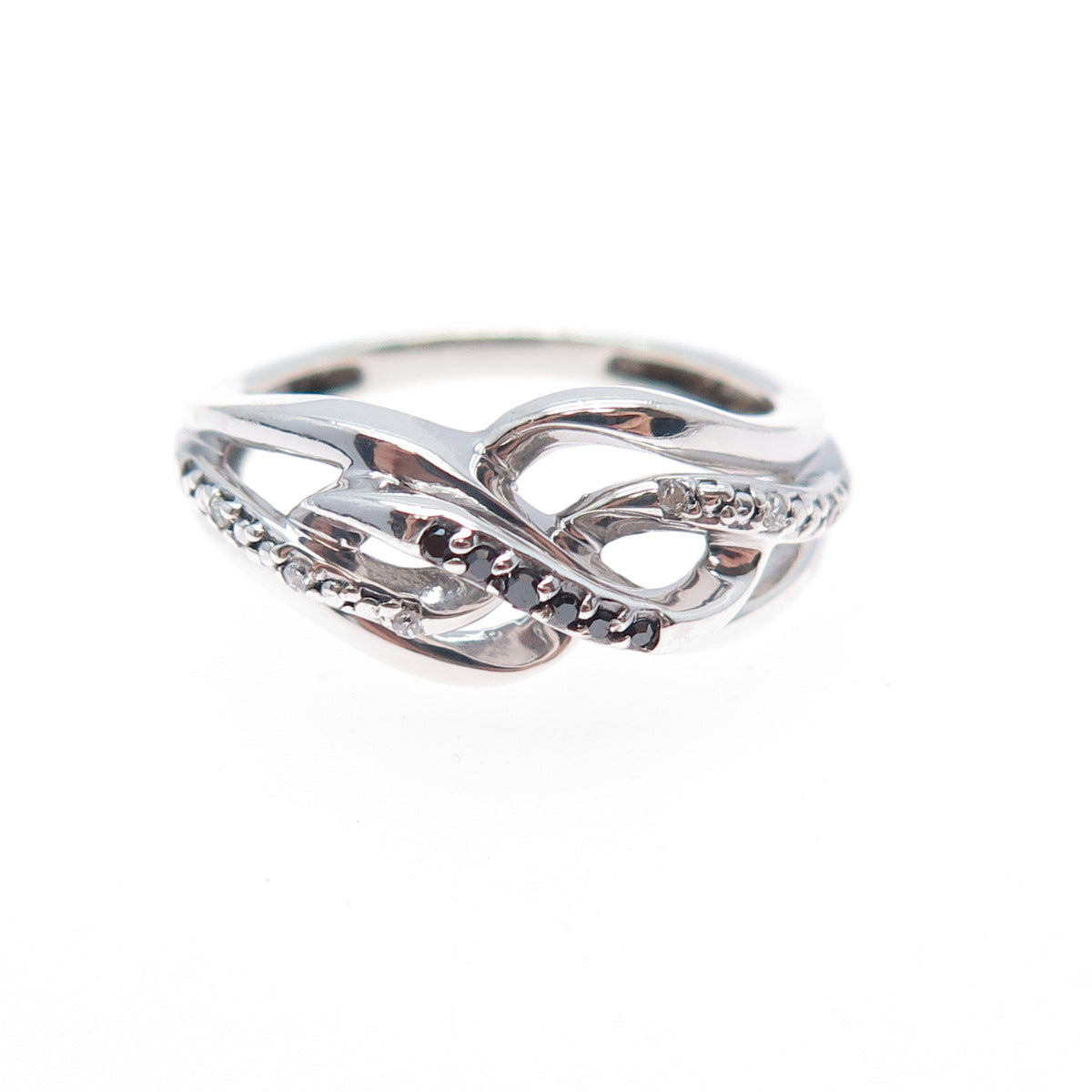 925 Sterling Silver Real Round-Cut Black & White Diamond Twisted Ring Size 7