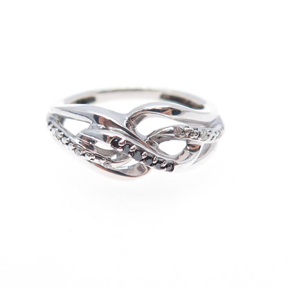925 Sterling Silver Real Round-Cut Black & White Diamond Twisted Ring Size 7