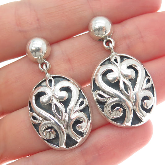 PLATELLA 950 Silver Vintage Floral Oval Dangle Earrings