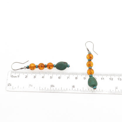 925 Sterling Silver Vintage Real Turquoise & Amber Beaded Dangle Earrings