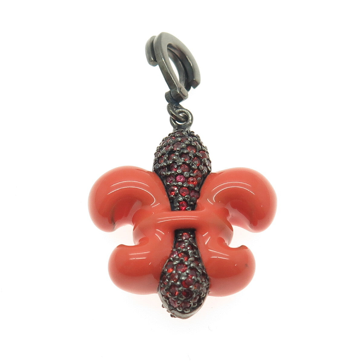 925 Sterling Silver Black Rhodium Enamel Real Red Sapphire Fleur de Lis Pendant