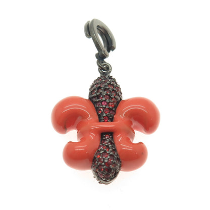 925 Sterling Silver Black Rhodium Enamel Real Red Sapphire Fleur de Lis Pendant