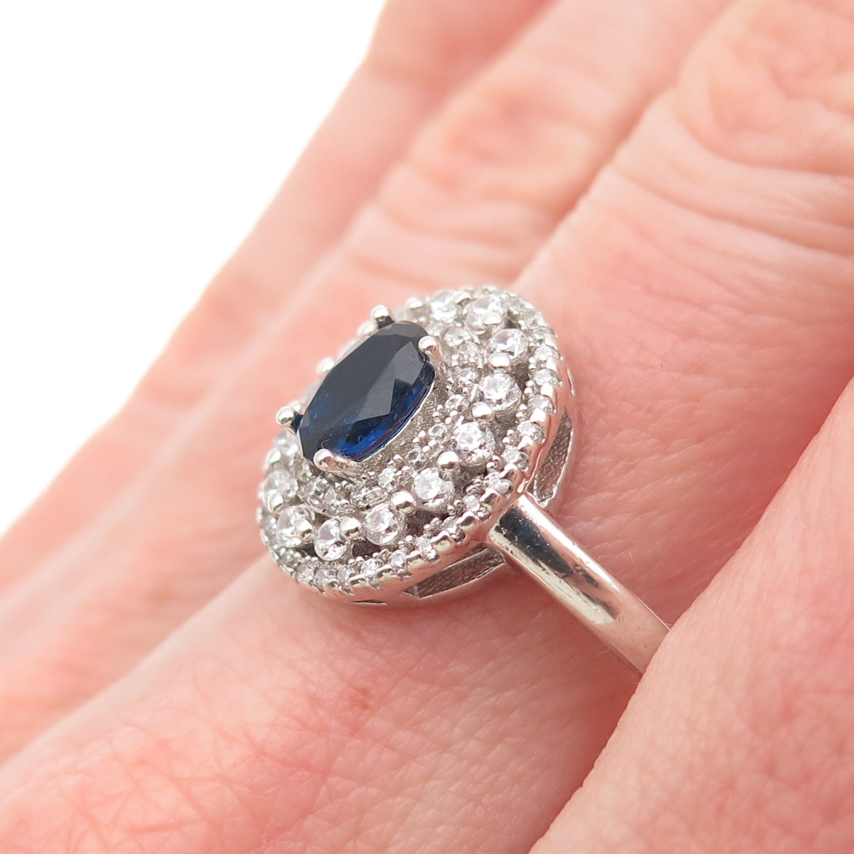 925 Sterling Silver Oval-Cut Blue & Round-Cut White C Z Ring Size 9.25