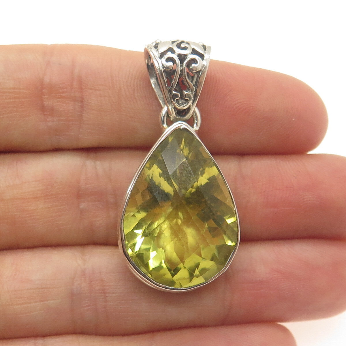 925 Sterling Silver Vintage Real Pear-Cut Lime Citrine Ornate Teardrop Pendant