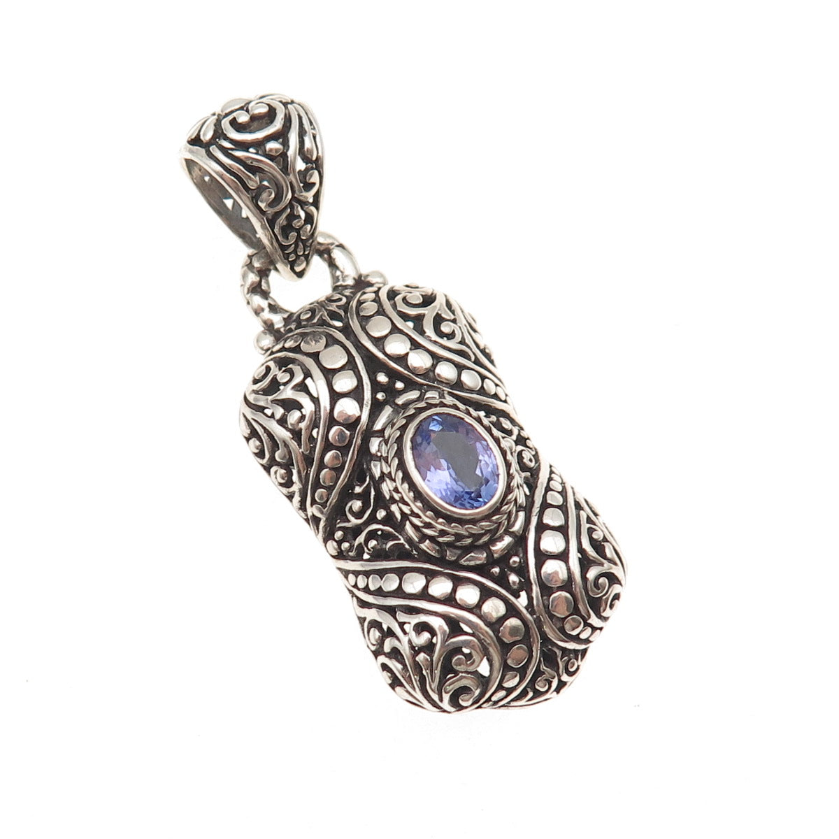 Sarda 925 Sterling Silver Vintage Real Iolite Ornate Oxidized Charm Pendant