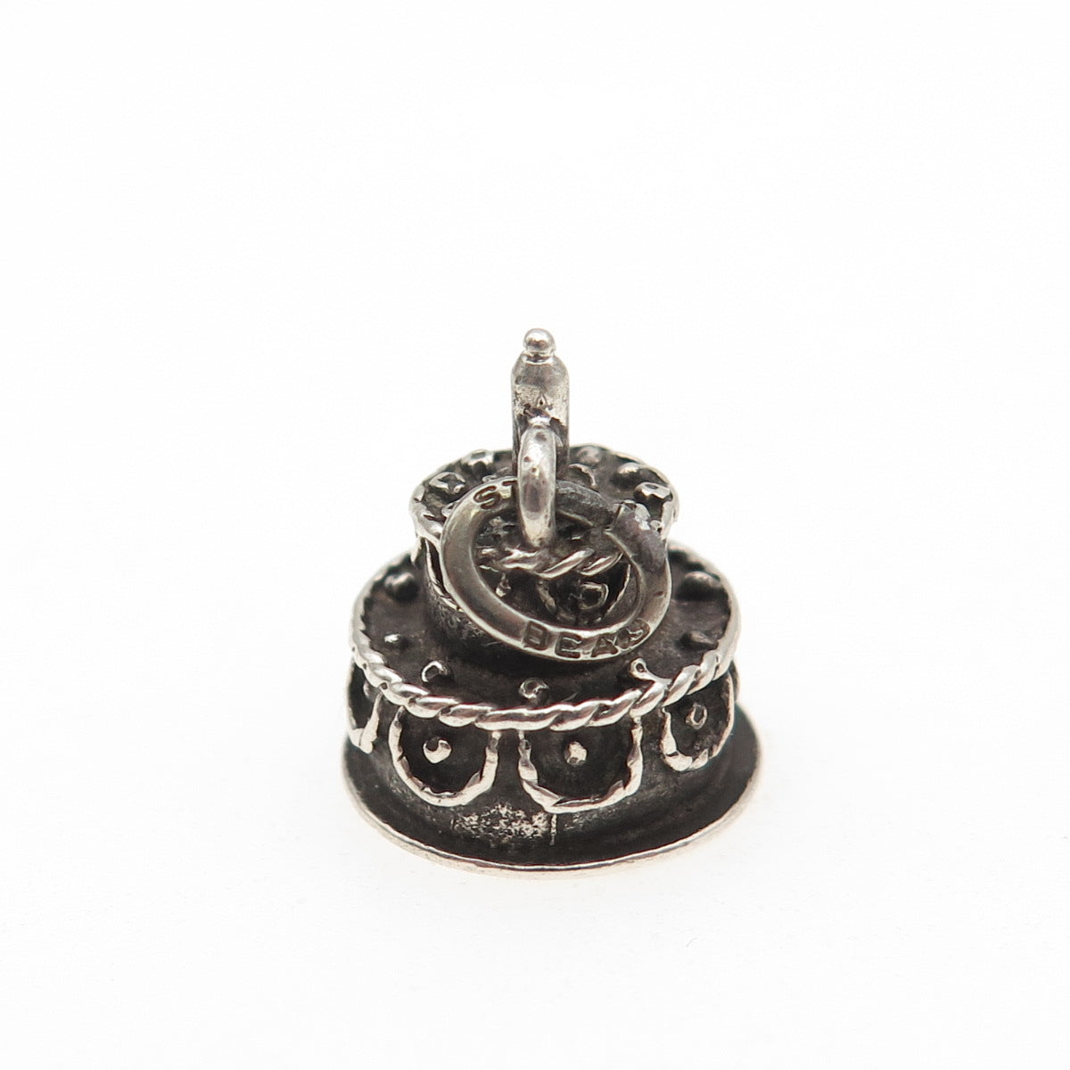 BEAU 925 Sterling Silver Antique Art Deco Happy Birthday Cake 3D Mini Pendant