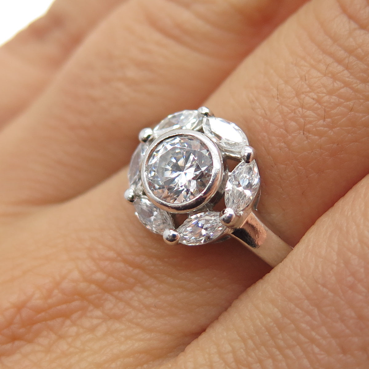 925 Sterling Silver Vintage Round & Marquise-Cut C Z Engagement Ring Size 9.25