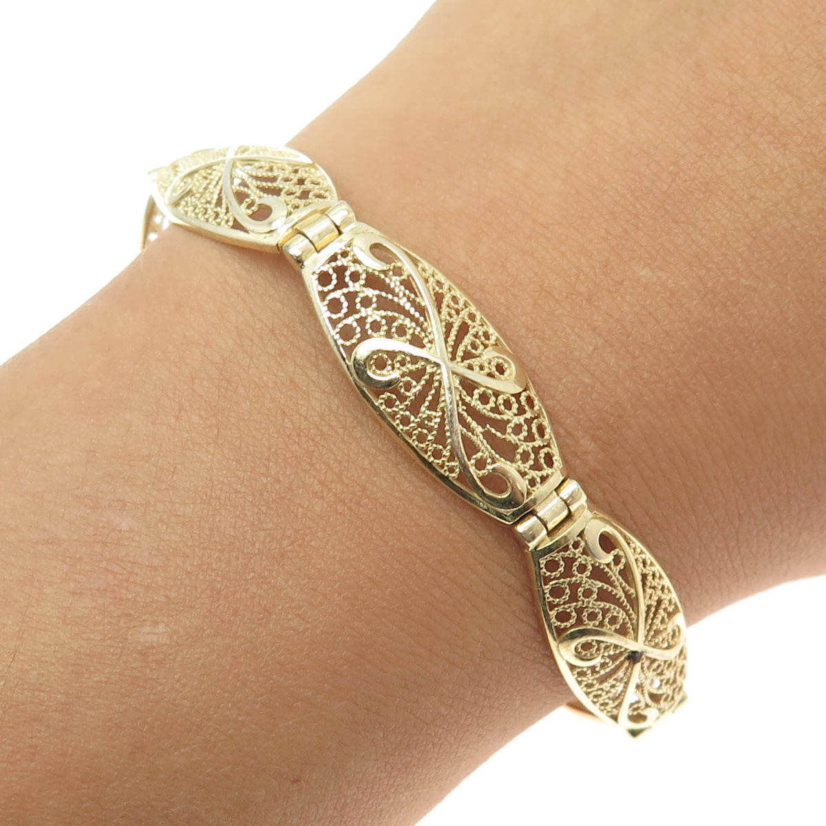 925 Sterling Silver Gold Plated Filigree Panel Link Bracelet 8"