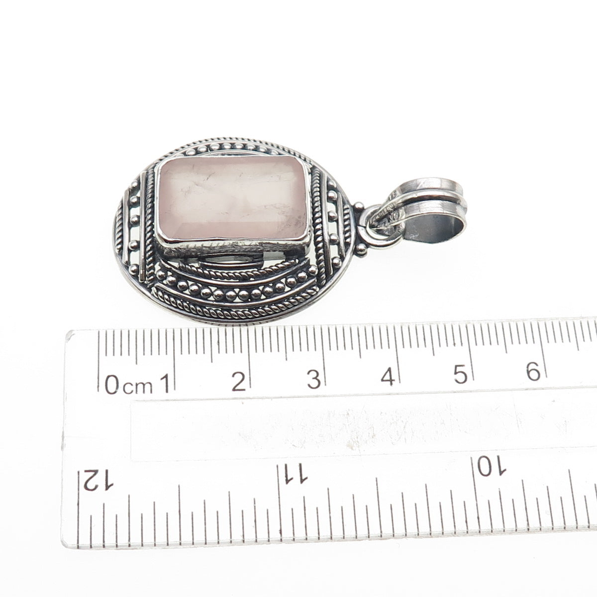 925 Sterling Silver Vintage Real Emerald-Cut Rose Quartz Oxidized Beaded Pendant