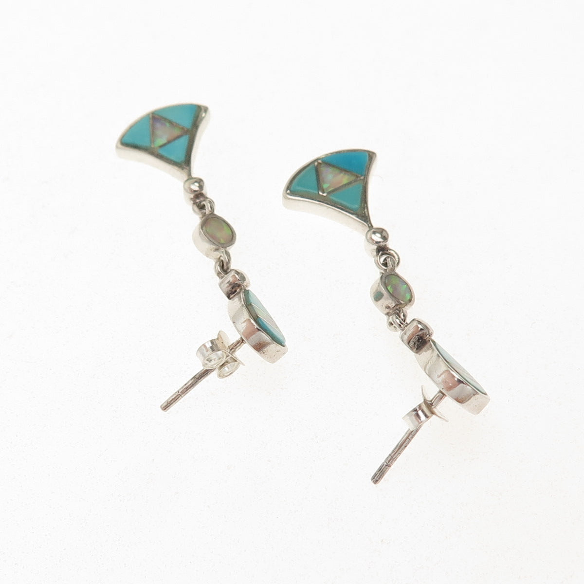Old Pawn 925 Sterling Silver Vintage Turquoise & Opal Tribal Dangle Earrings