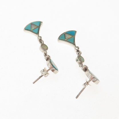 Old Pawn 925 Sterling Silver Vintage Turquoise & Opal Tribal Dangle Earrings