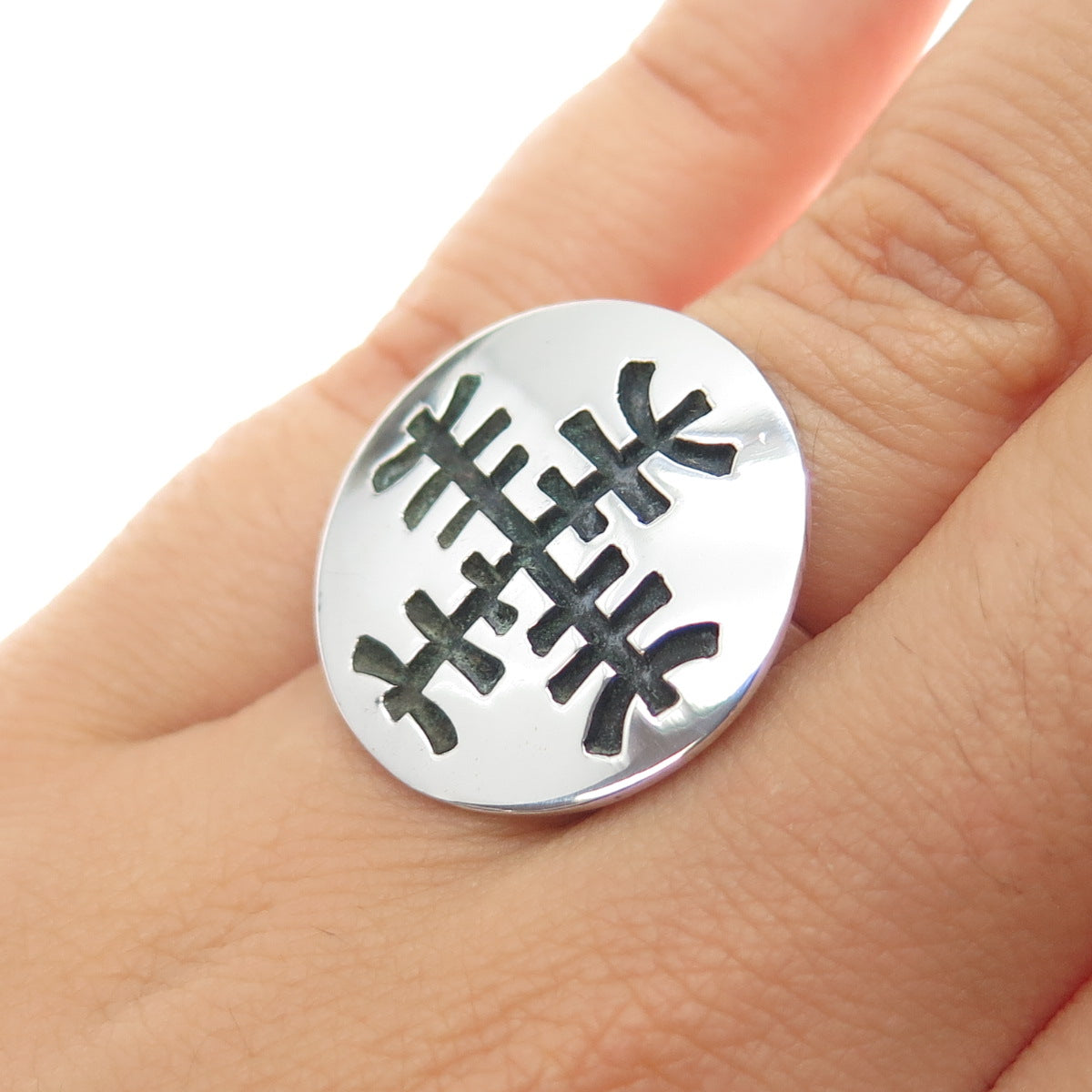925 Sterling Silver Vintage Mexico Modernist Cross Disc Oxidized Ring Size 6.75