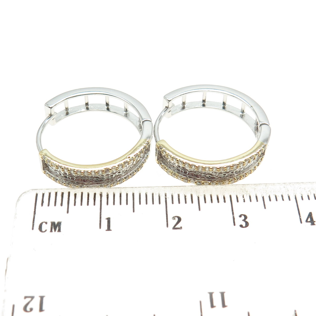 925 Sterling Silver 2-Tone Round-Cut Shaped C Z Huggie Earrings