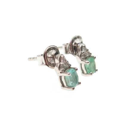 D'Joy 925 Sterling Silver Real Diamond & Emerald Stud Earrings