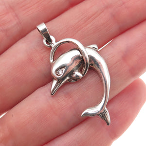 925 Sterling Silver Vintage Round-Cut C Z Dolphin Oxidized Charm Pendant