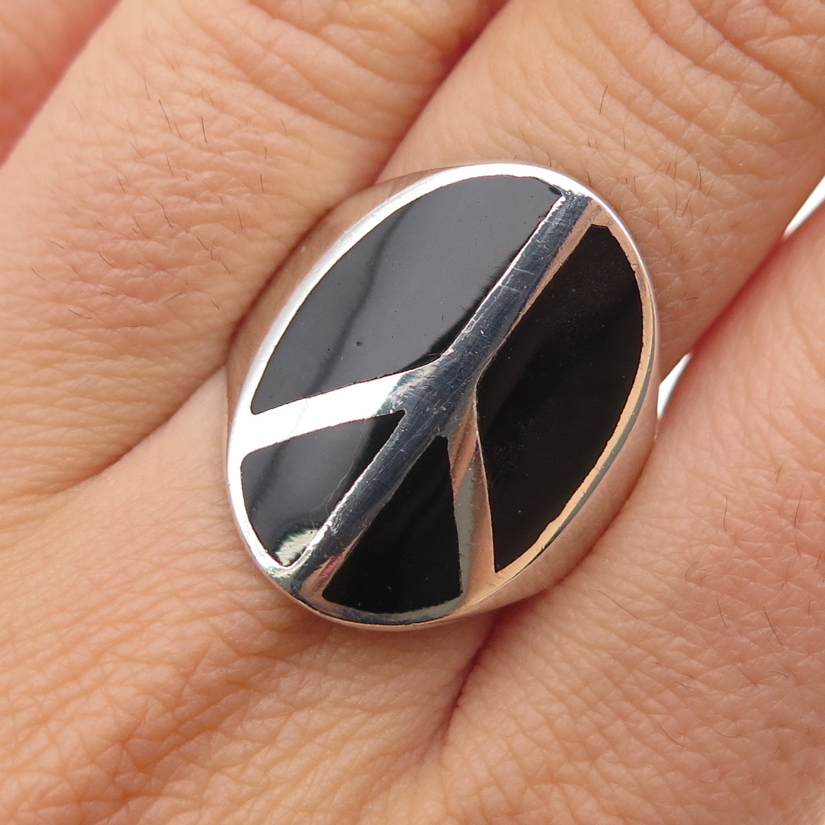 925 Sterling Silver Vintage Real Black Onyx Peace Symbol Ring Size 9.75