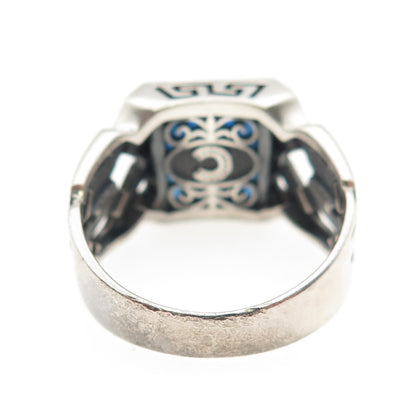 CHIMODA 925 Sterling Silver Blue Glass Woven Oxidized Ring Size 11.75