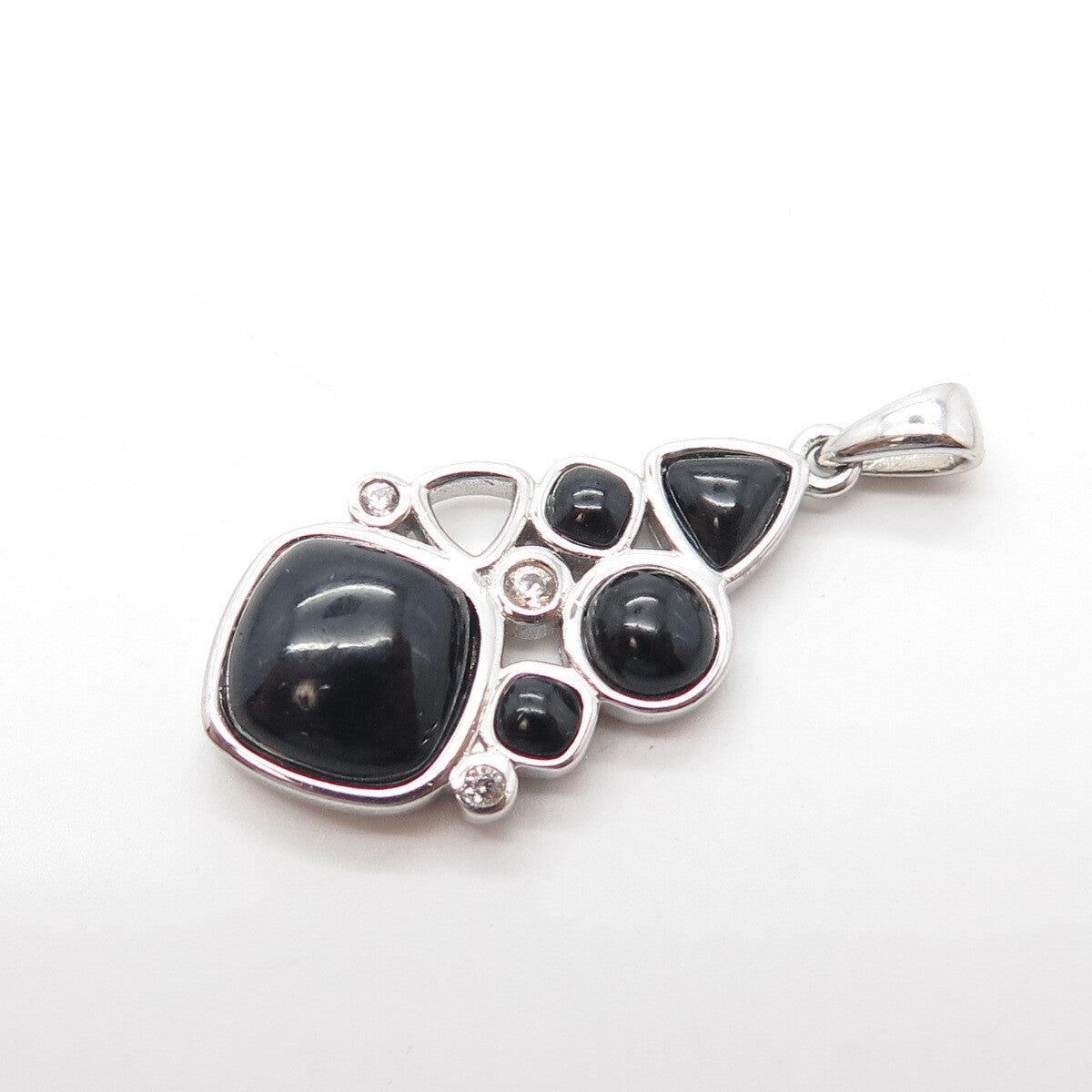 925 Sterling Silver Real Black Onyx & White Topaz Cluster Pendant