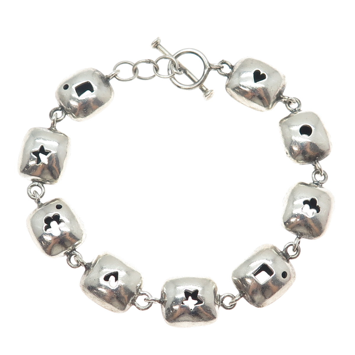 925 Sterling Silver Vintage Heart Star Flower Shadow Box Link Bracelet 7.25"