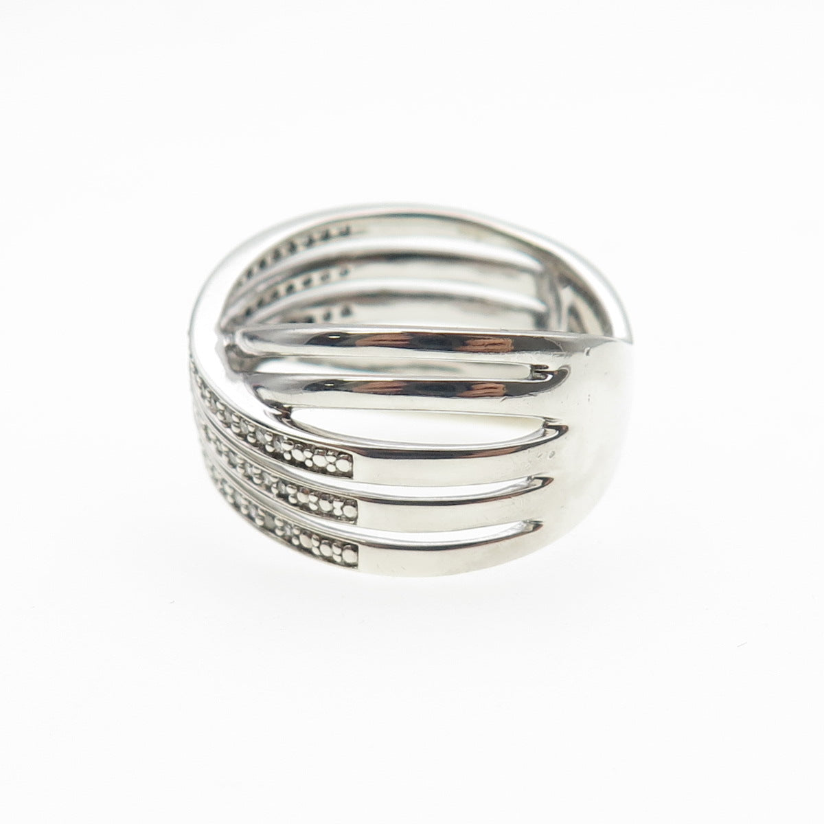 SUN 925 Sterling Silver Real Round-Cut Diamond Crisscross Ring Size 7
