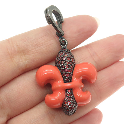 925 Sterling Silver Black Rhodium Enamel Real Red Sapphire Fleur de Lis Pendant