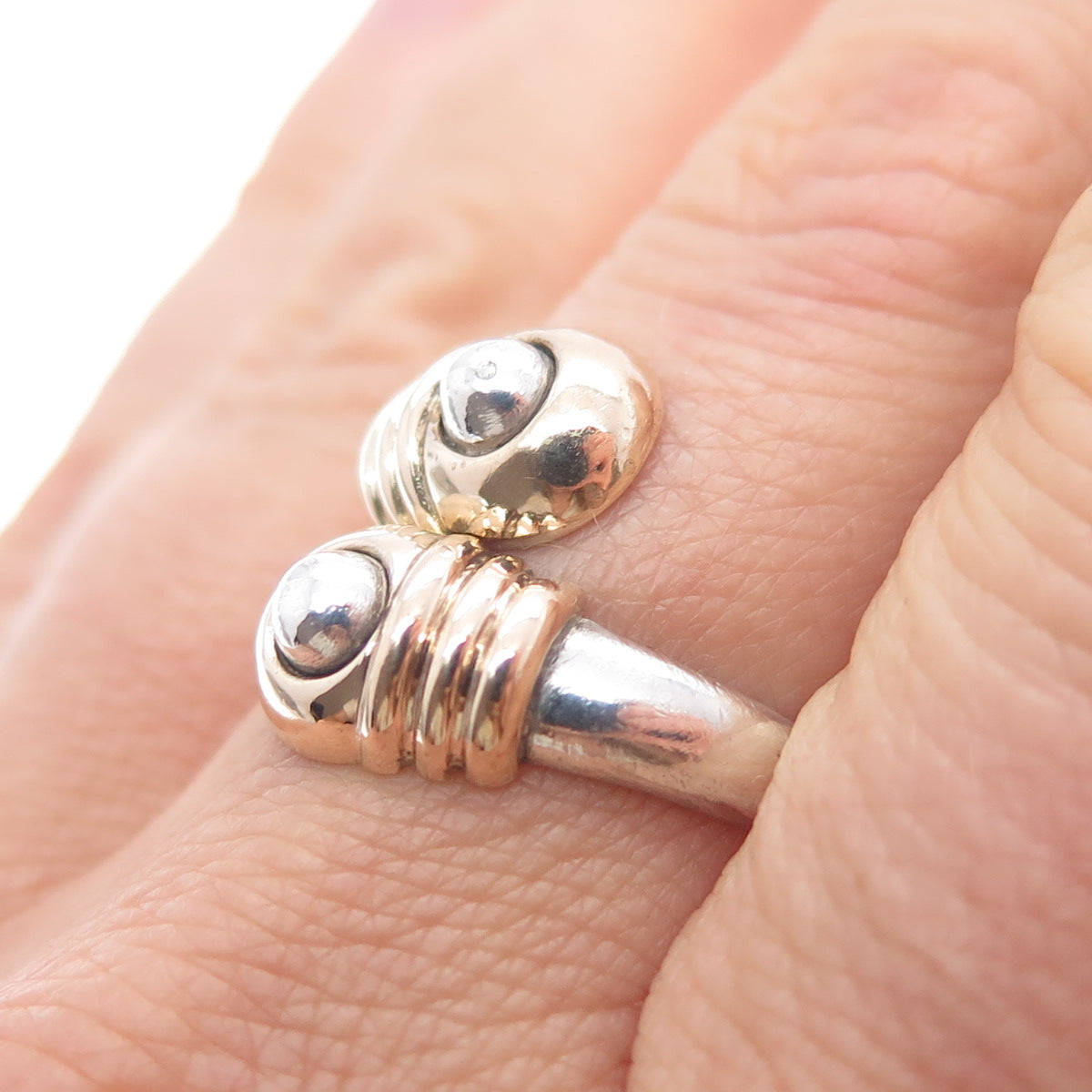 925 Sterling Silver 14K Gold Vintage Modernist Adjustable Ring Size 7.25