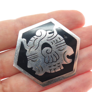 925 Sterling Silver Vintage Mexico Real Black Onyx Tribal God Pin Brooch Pendant