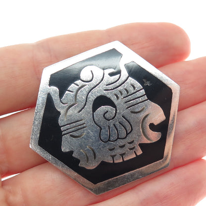 925 Sterling Silver Vintage Mexico Real Black Onyx Tribal God Pin Brooch Pendant