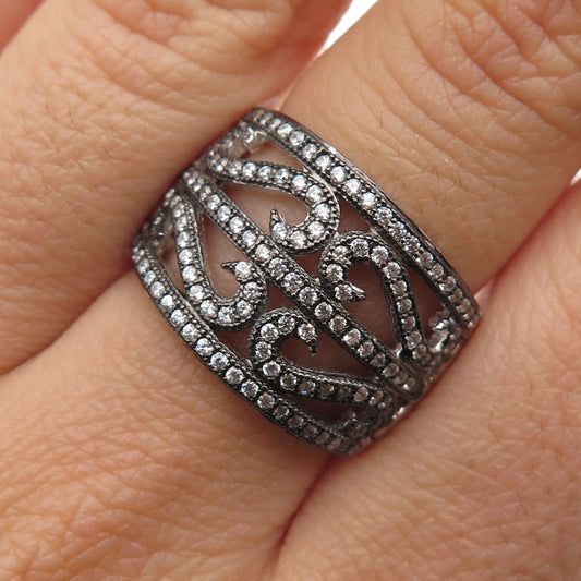 925 Sterling Silver 2-Tone Black Rhodium Round-Cut C Z Heart Ring Size 7