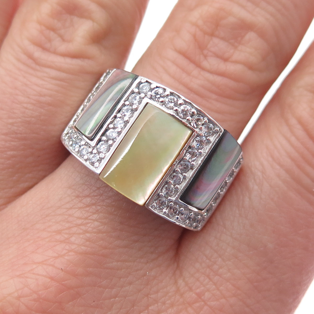 925 Sterling Silver Real Abalone Shell MOP & C Z Ring Size 9.5