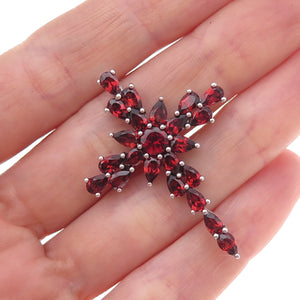 925 Sterling Silver Vintage Real Red Garnet Cross Cluster Slide Pendant