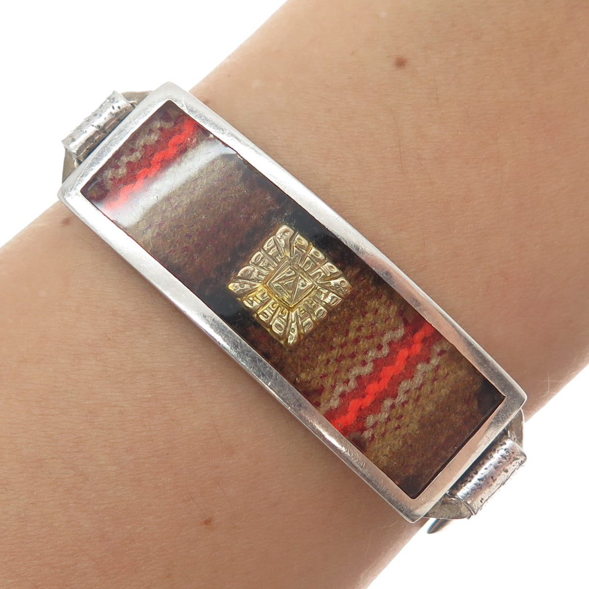 925 Sterling Silver 2-Tone Vintage Glass Mayan Tribal ID Oxidized Bracelet 8.25"