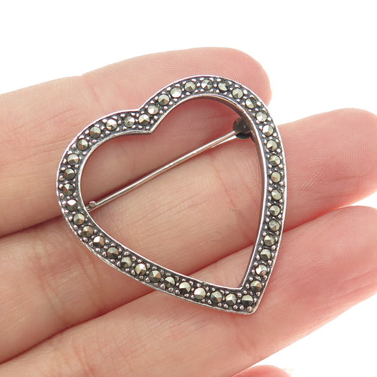 925 Sterling Silver Vintage Real Marcasite Gemstone Open Heart Pin Brooch