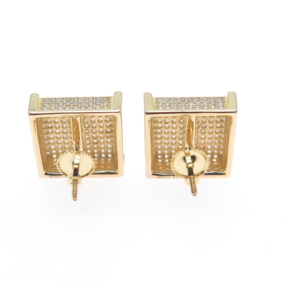 925 Sterling Silver Gold Plated Round-Cut C Z Square Stud Earrings