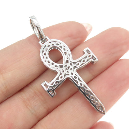 925 Sterling Silver Pave C Z Ankh Cross Pendant