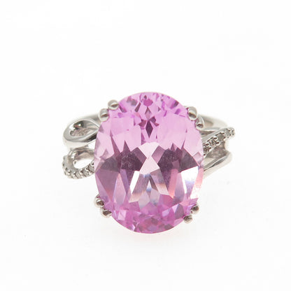 925 Sterling Silver Real Round-Cut Diamond & Oval-Cut Pink Topaz Ring Size 7