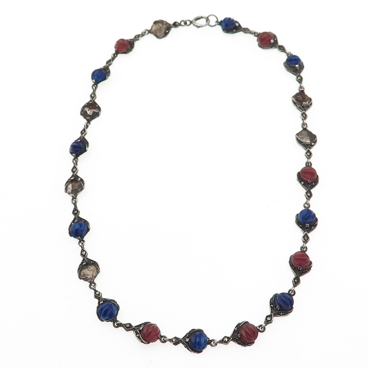 925 Sterling Silver Antique Real Carnelian Lapis Necklace 14" (missing 6 stones)