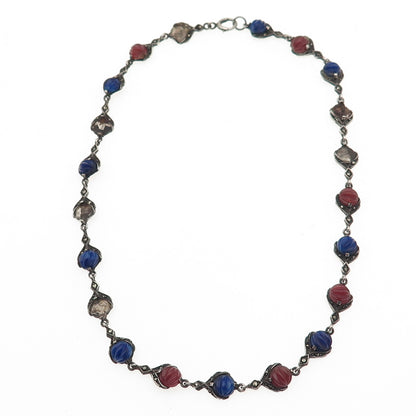 925 Sterling Silver Antique Real Carnelian Lapis Necklace 14" (missing 6 stones)