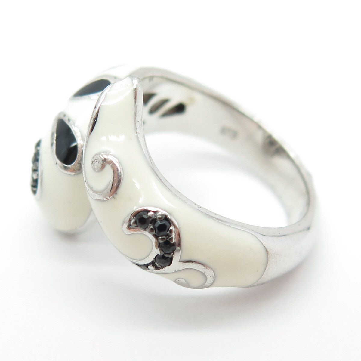 EMA 925 Sterling Silver Enamel & Black Spinel Modernist Ring Size 7