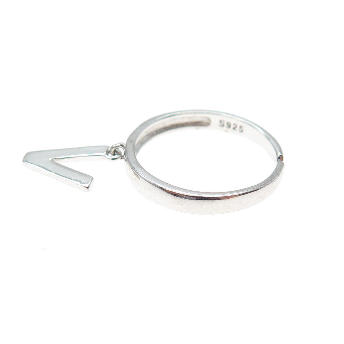 925 Sterling Silver Vintage Letter V Dangle Charm Adjustable Ring Size 6