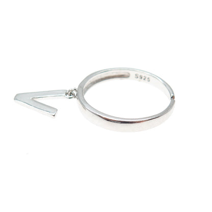 925 Sterling Silver Vintage Letter V Dangle Charm Adjustable Ring Size 6